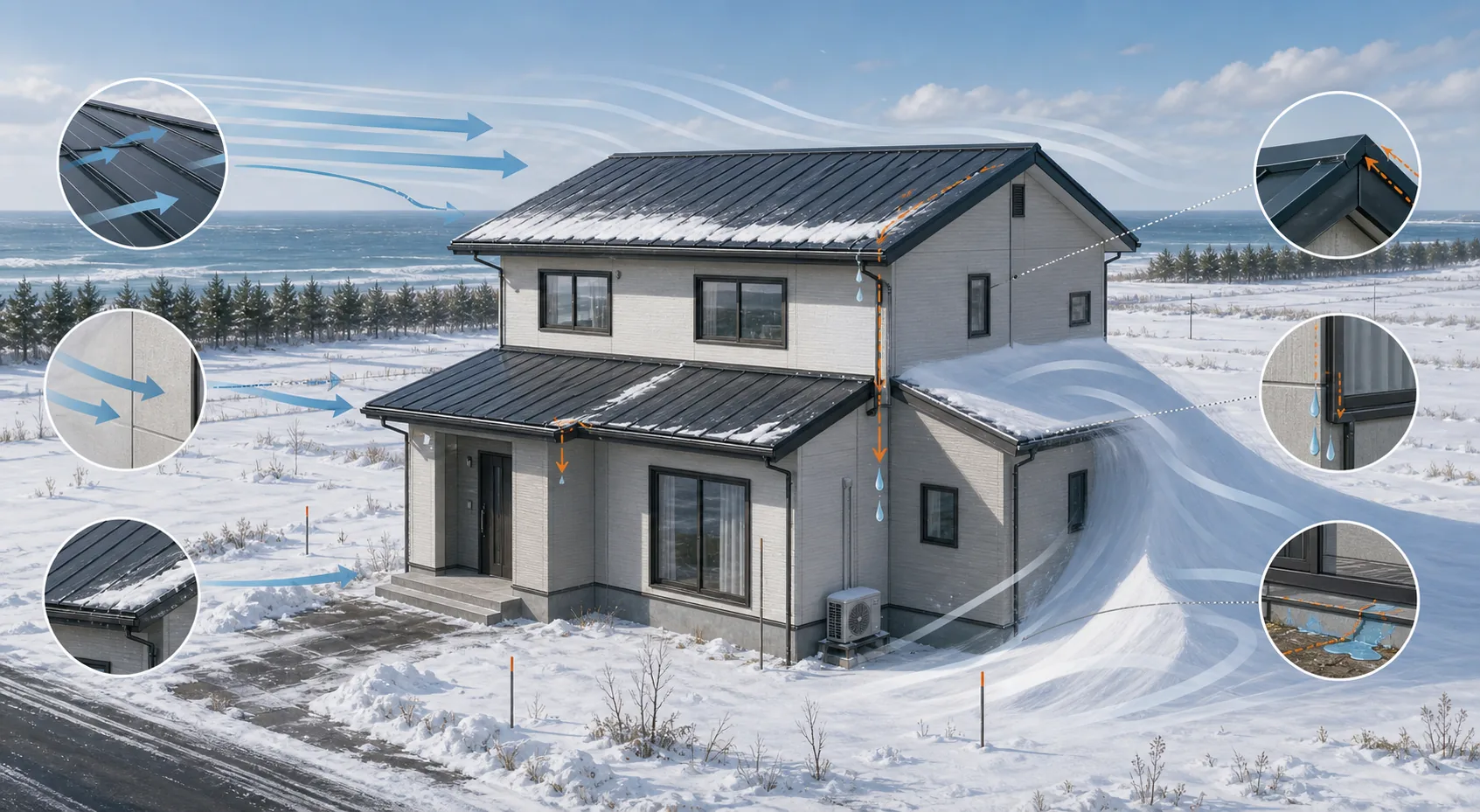 石狩の平野で風を受ける屋根と吹きだまり側の雪解け水を示す解説図