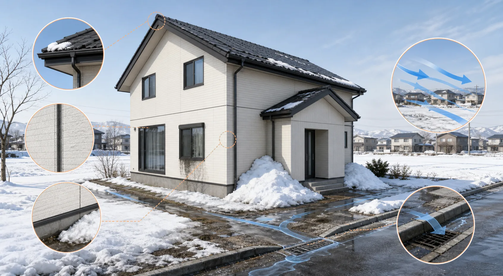 平坦な住宅地で雪が残る外壁下部と雪解け水の流れを示す北区向け解説図