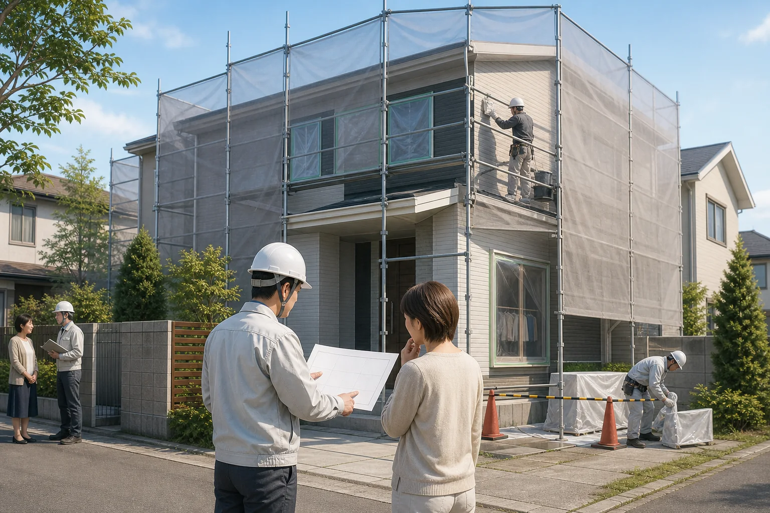 外壁塗装工事中の暮らしと近隣対応を説明する解説画像