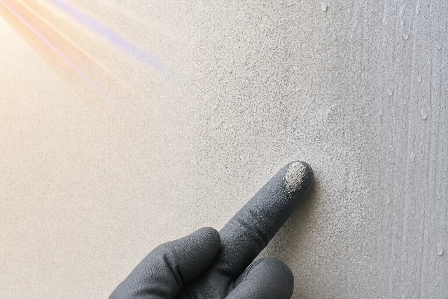 外壁塗膜に紫外線や雨が作用し、手袋に薄い粉が付く状態を示したチョーキング解説図